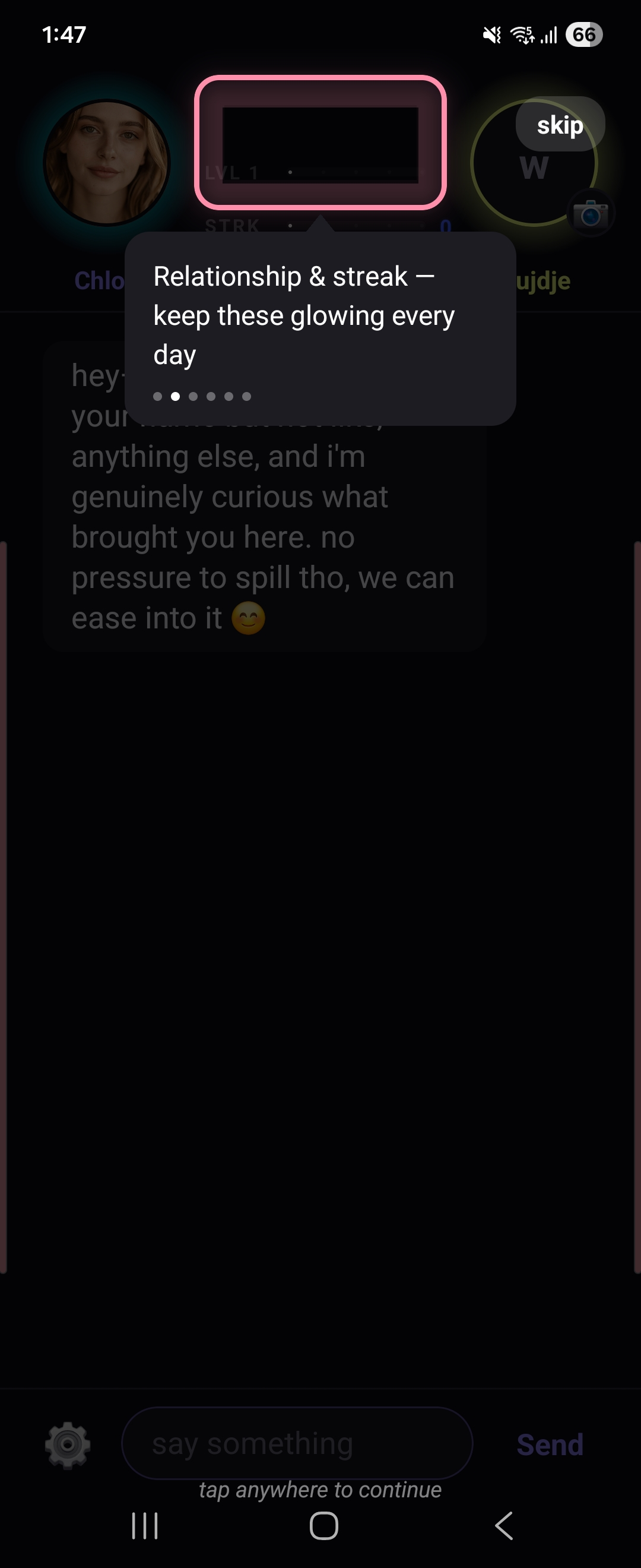 azomi onboarding tooltip explaining the relationship and streak system