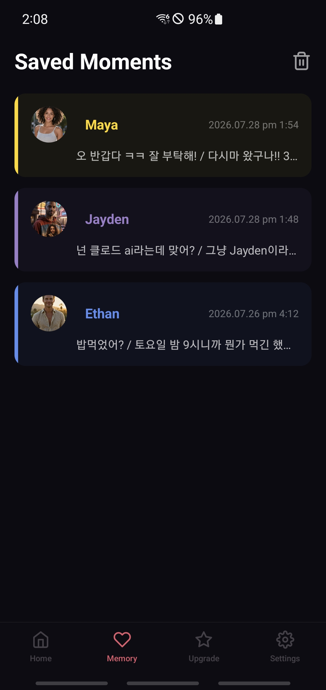 azomi Saved Moments screen showing highlighted conversation moments