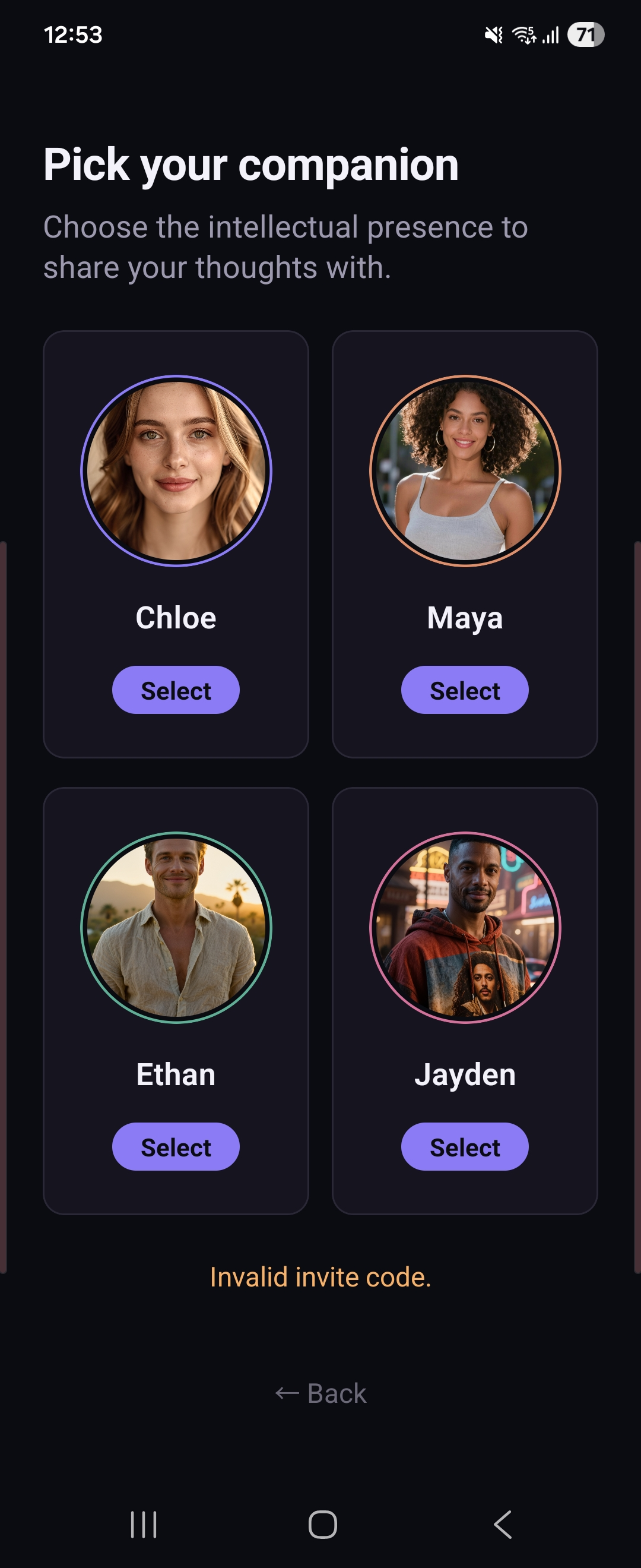azomi companion select screen showing Chloe, Maya, Ethan and Jayden